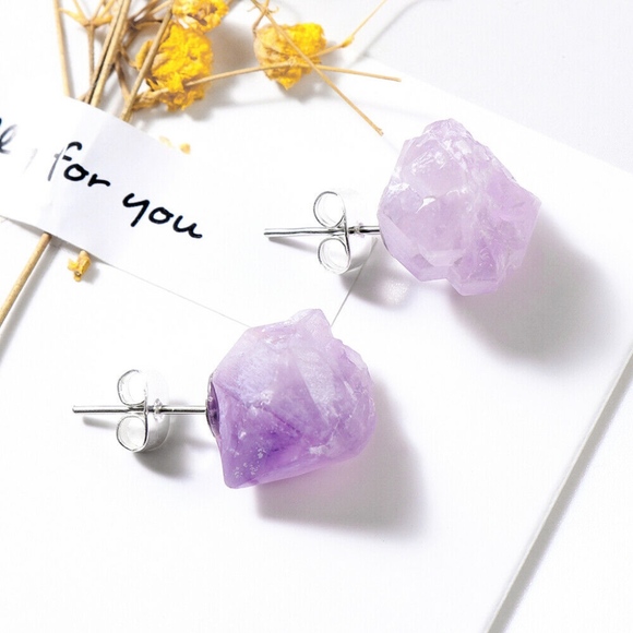 Jewelry - Amethyst Gemstone Crystal Raw Cut Post Earrings
